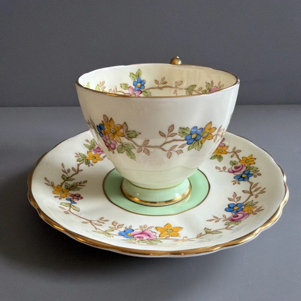 Vintage 1940s Plant Tuscan English Bone China Tea Cup & Saucer Floral Green Gold